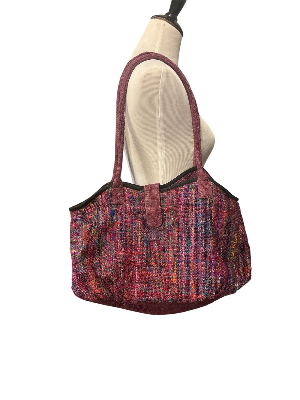 Woven Hemp and Silk Multi-Color Shoulder Tote in Plum